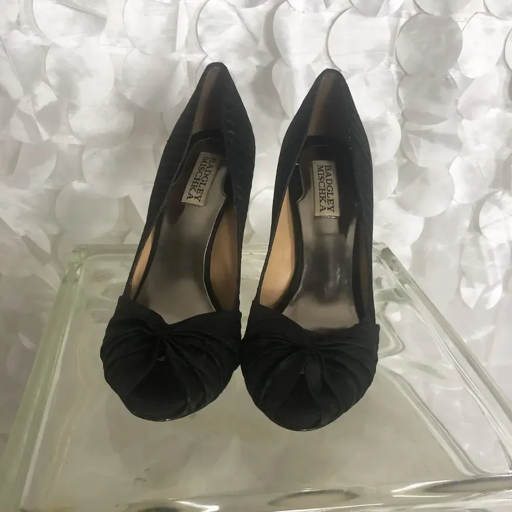 Badgley Mischka Black satin peep toe heels size 7 M Cocktail Party Wedding